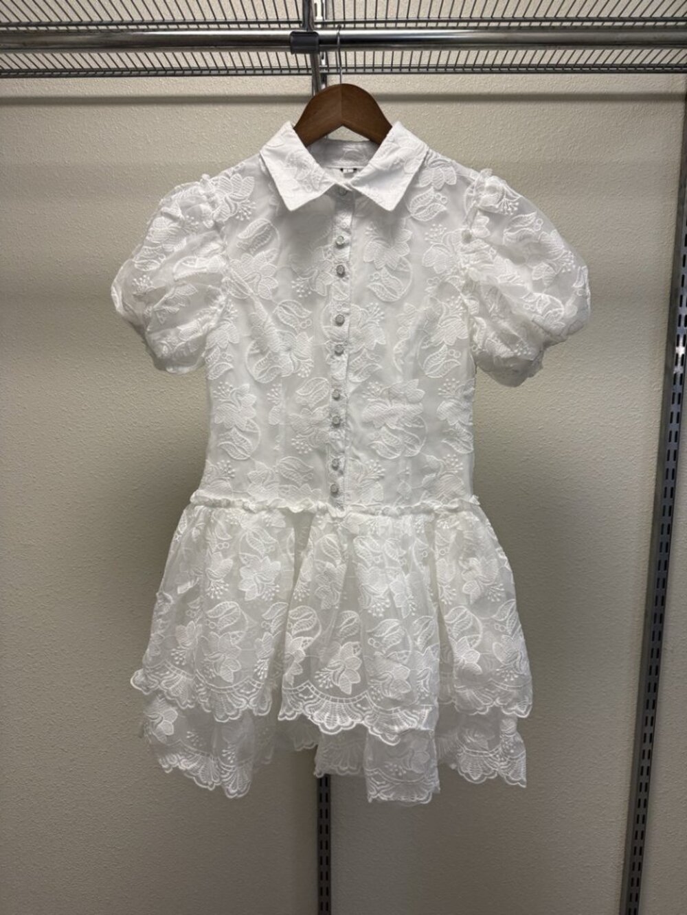 White Embroidered Lace Puff Sleeve Collared Tiered Mini Dress NWT Size L